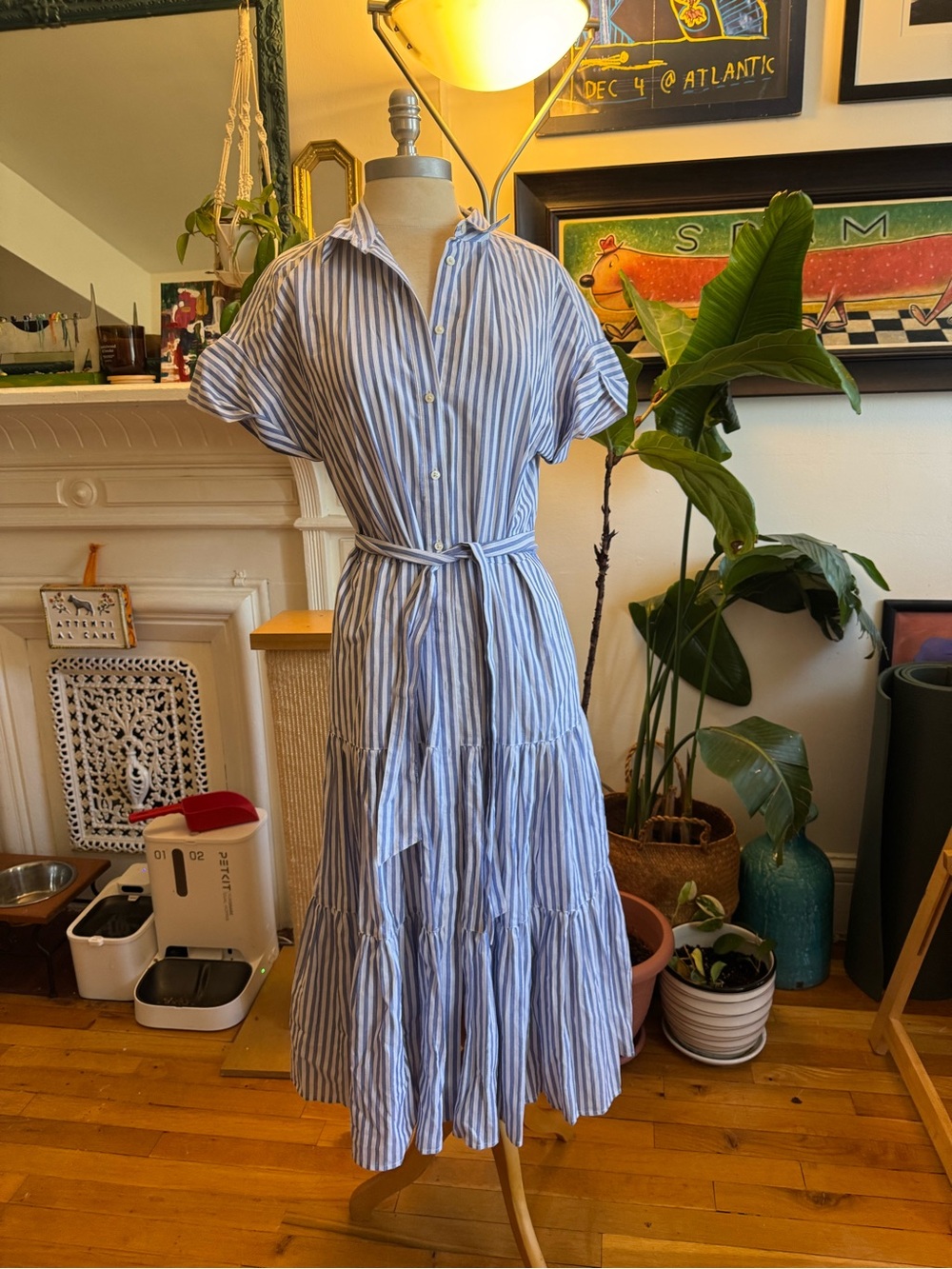 Ralph Lauren Blue and White Vertical-Stripe Tiered Shirt Midi Dress